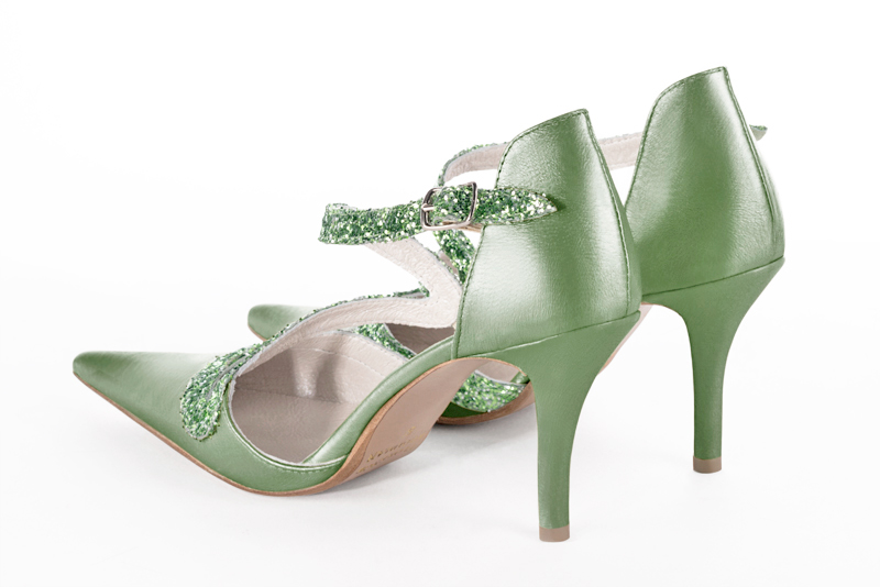 Mint green women's open side shoes, with snake-shaped straps. Pointed toe. High slim heel. Rear view - Florence KOOIJMAN
